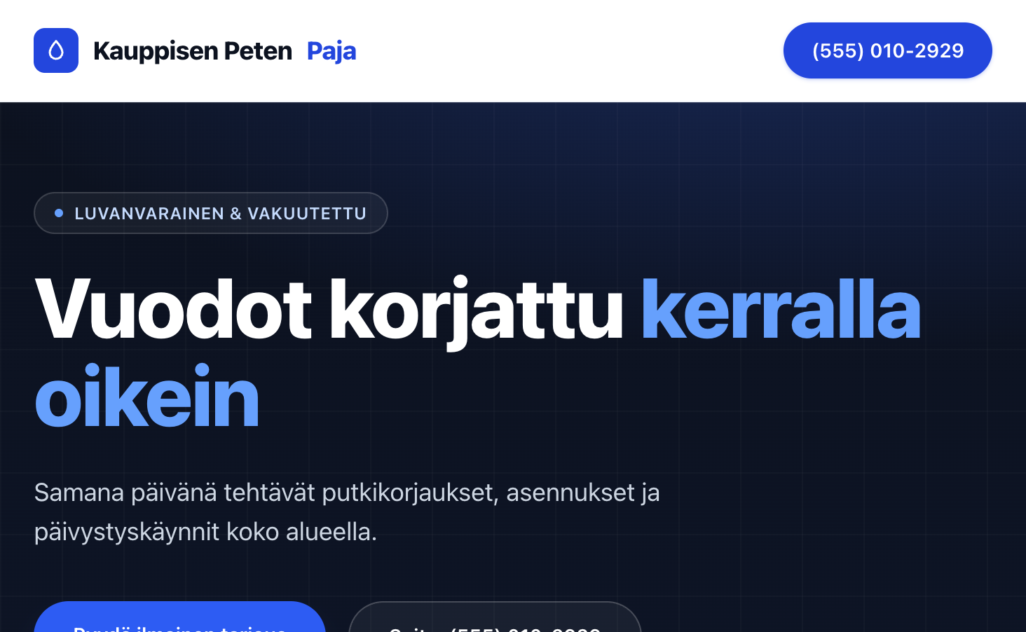 Kuvakaappaus Floraksella tehdystä putkiliikkeen sivustosta
